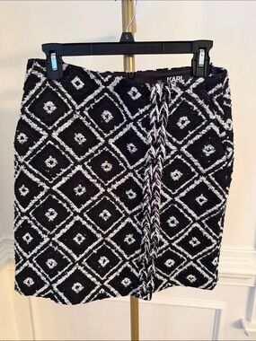 Karl Lagerfeld Black & White Diamond Tweed Mini Skirt with Braided Trim